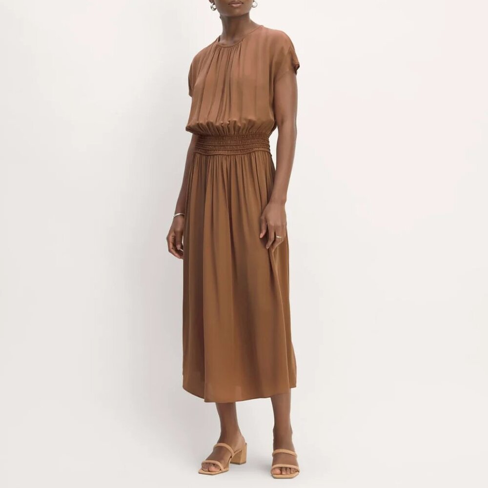 Everlane Caramel Brown Gathered Midi Dress